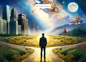 Symbolic crossroads representing the paradox of the spiritual path in Vedic astrology and self-discovery