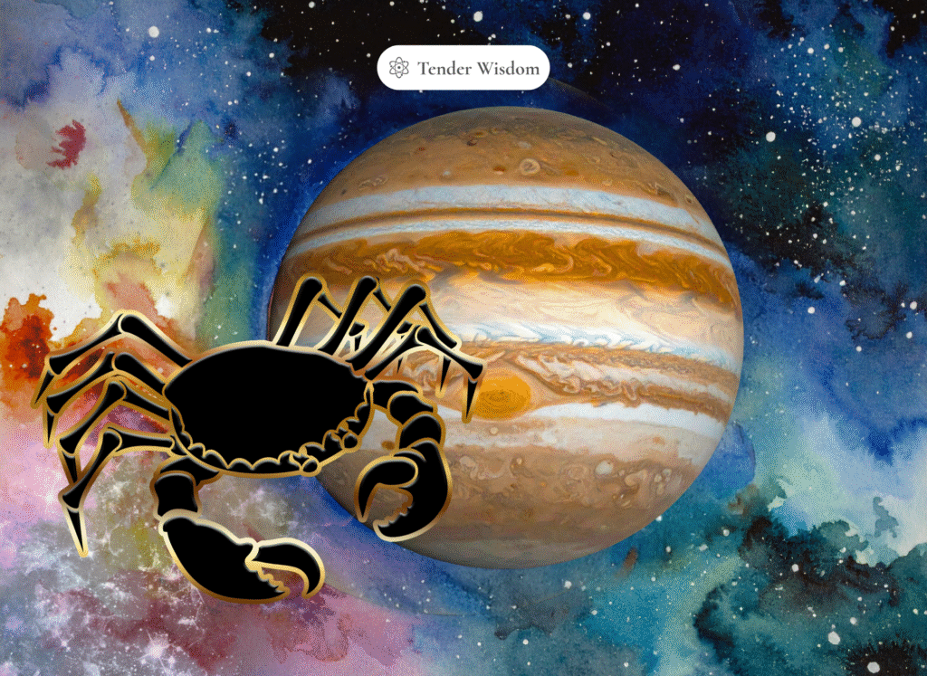 Illustration of Jupiter moving in reverse motion through the night sky, symbolizing planetary retrograde and introspection in Vedic astrology.